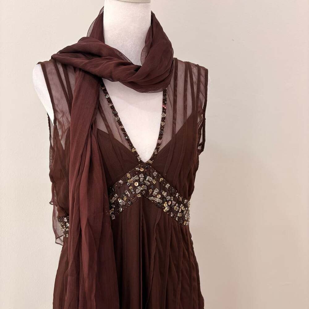 Y2K Beaded Vneck Aline Midi Fairy Dress Size 10 with Scarf Mesh Embellished